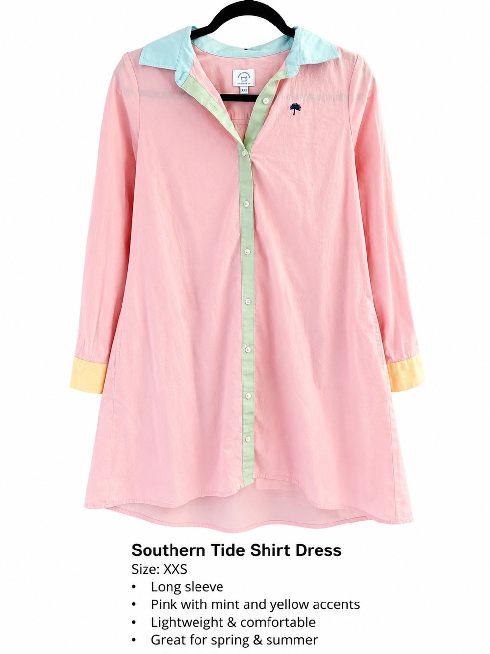 Southern Tide Pink Button-Front Shirt Dress with Mint Trim and Yellow Cuffs